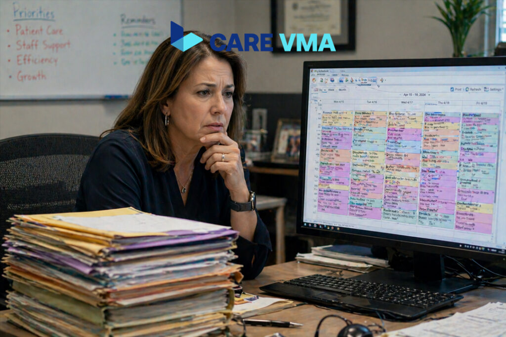 A clinic manager looking at an overbooked schedule, representing the challenges of traditional hypertension management.