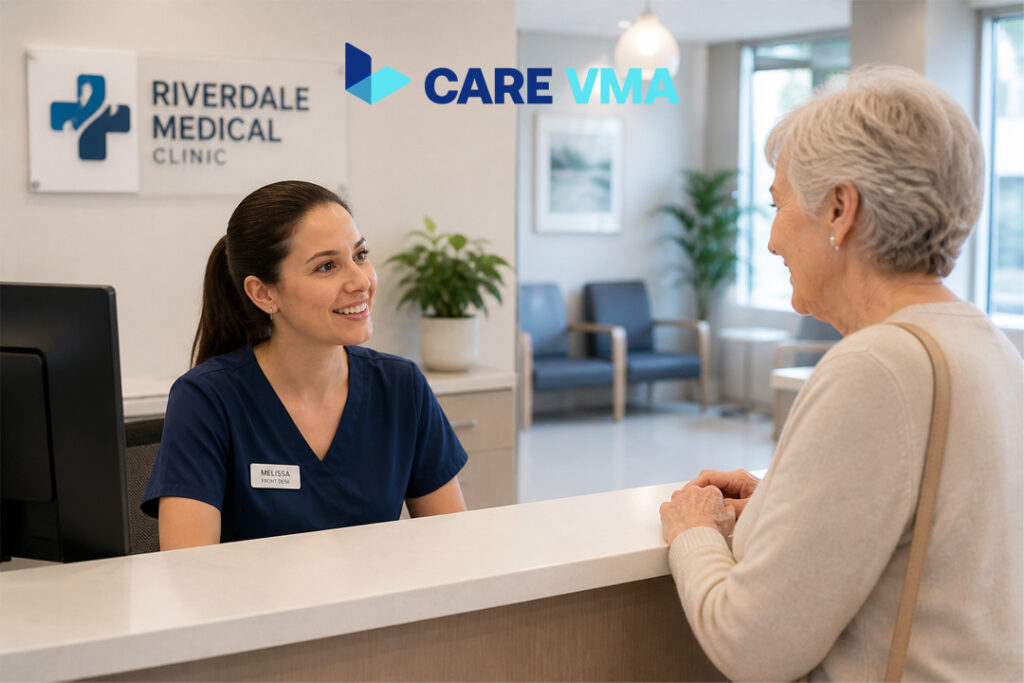 An on-site medical staff member providing excellent patient experience, enabled by a virtual medical assistant handling administrative tasks remotely.