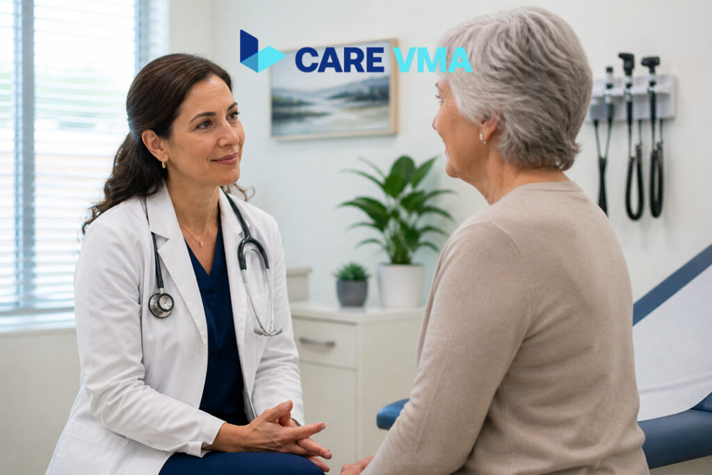 A physician focused entirely on patient care, demonstrating the ideal VMA-driven workflow in a primary care setting.
