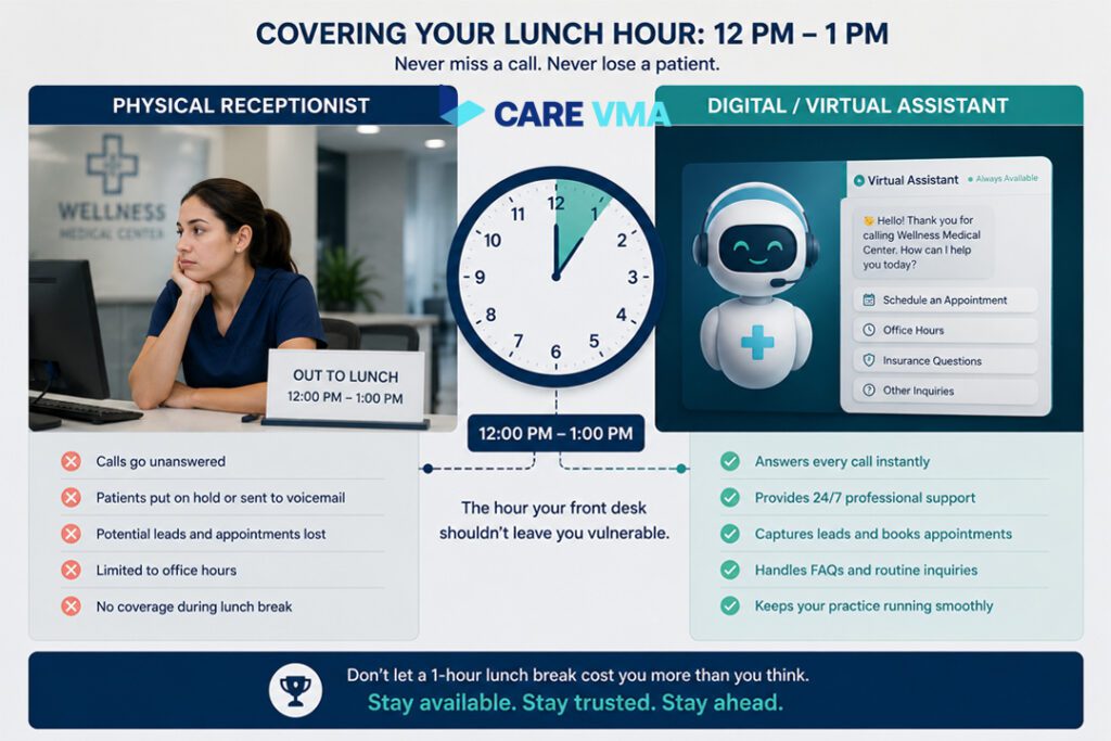 Comparison of in-house staffing versus virtual medical assistant for lunch break coverage.