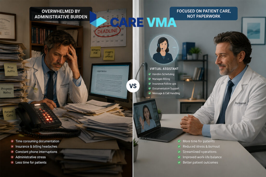 A psychiatrist manages regulatory compliance and administrative tasks before and after hiring a virtual medical assistant for their practice.