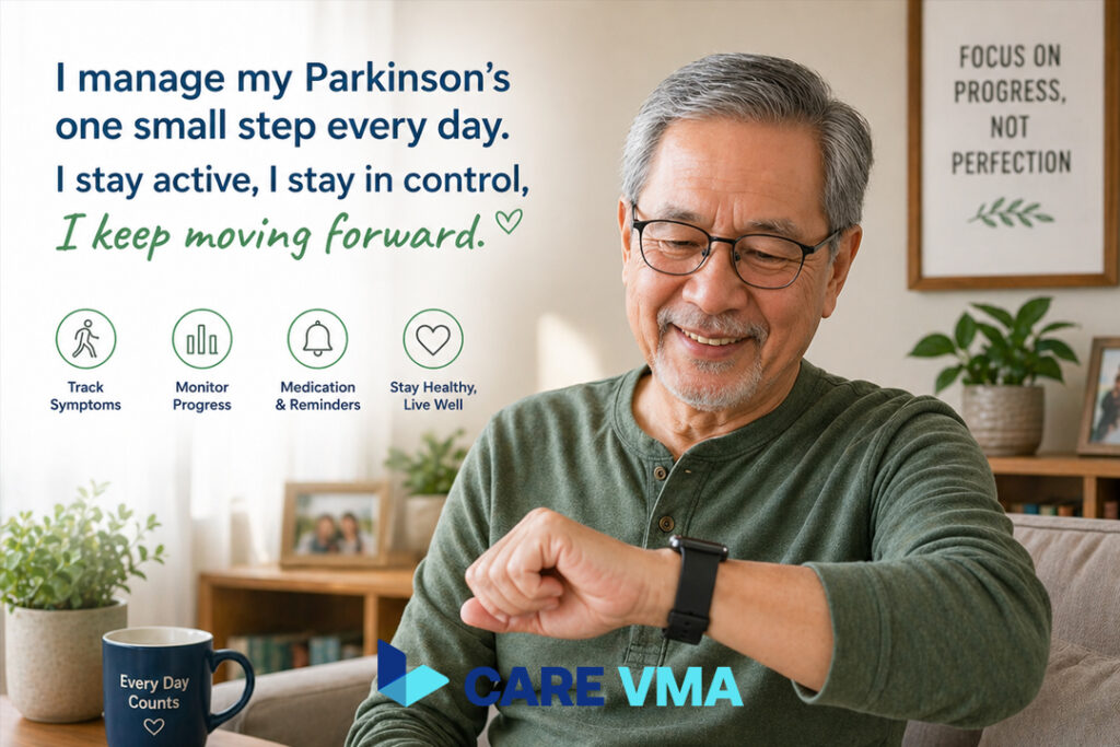 A patient with a chronic neurological condition using a smartwatch for remote patient monitoring to manage their health proactively.