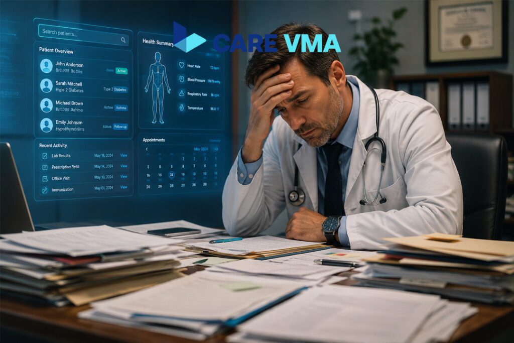 Physician experiencing burnout from administrative paperwork vs efficient digital workflow representation.