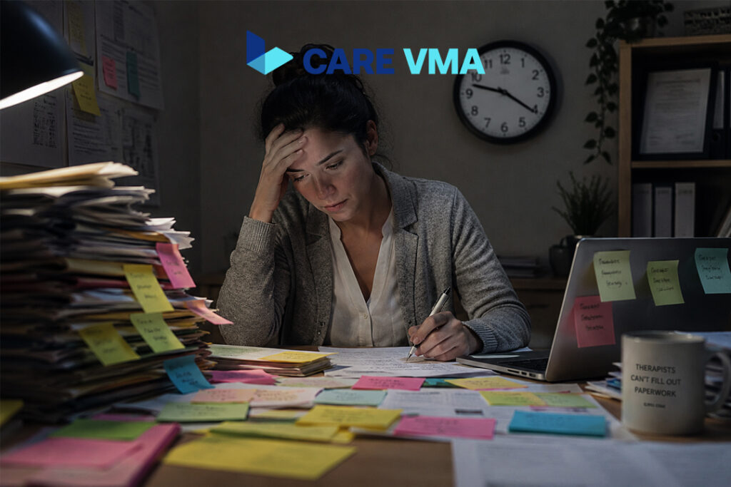 A therapist experiencing burnout due to overwhelming administrative tasks that are holding their therapy practice back.