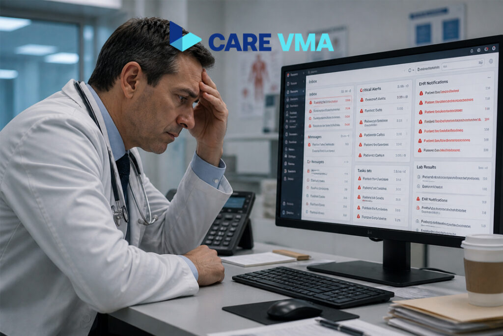 A primary care physician looking overwhelmed by administrative tasks on an EHR screen, illustrating the cause of practice inefficiency.