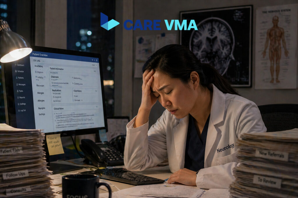 A neurologist experiencing physician burnout due to the heavy administrative burden of managing a modern neurology practice.