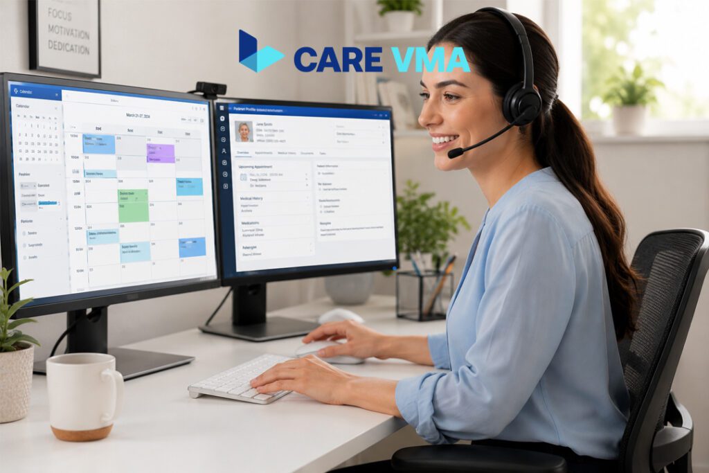 A Care VMA Virtual Medical Assistant scheduling a patient directly into a clinic's EHR system.
