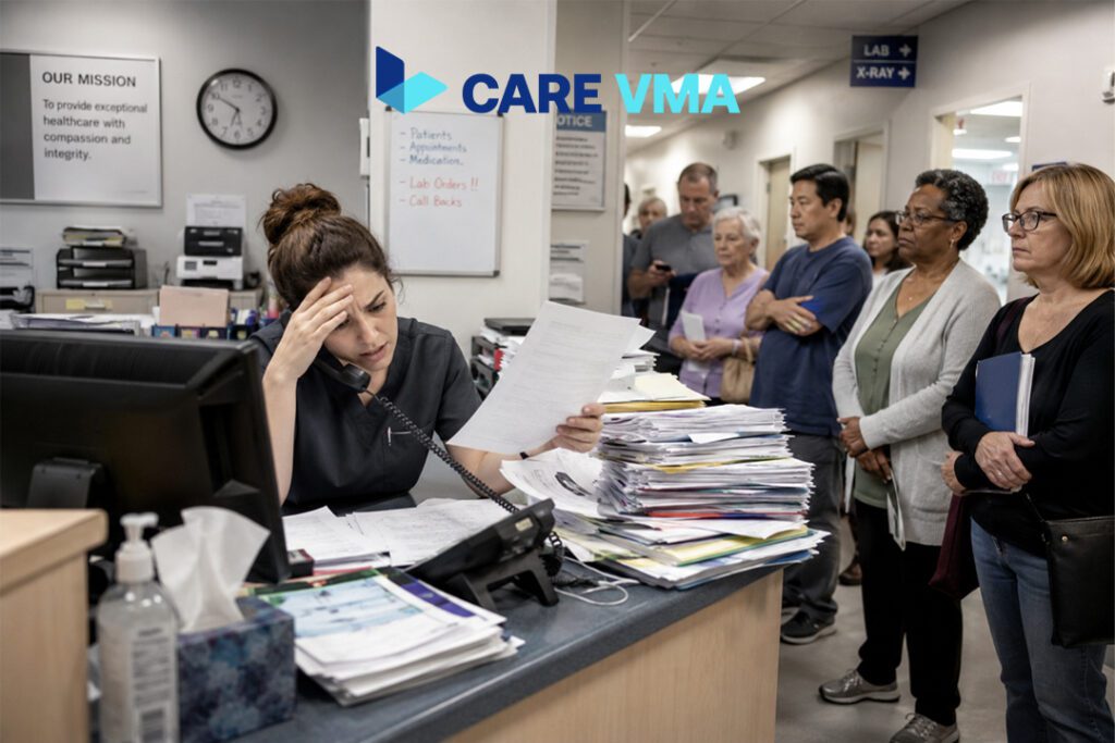 Overwhelmed in-house medical receptionist managing high call volume and patient check-ins.