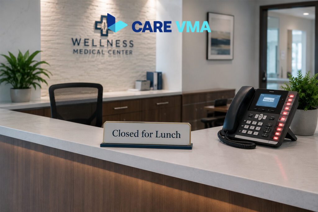 Empty medical clinic front desk during lunch hour with missed incoming calls on the phone system.