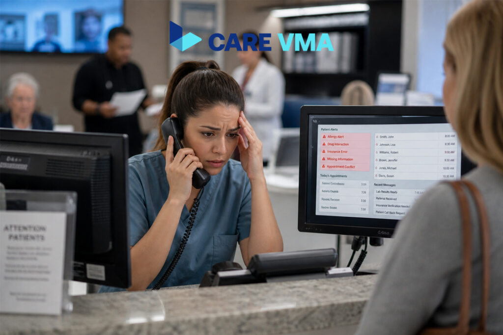 A medical receptionist experiencing front desk burnout, multitasking with a phone call and an in-person patient in a busy clinic.