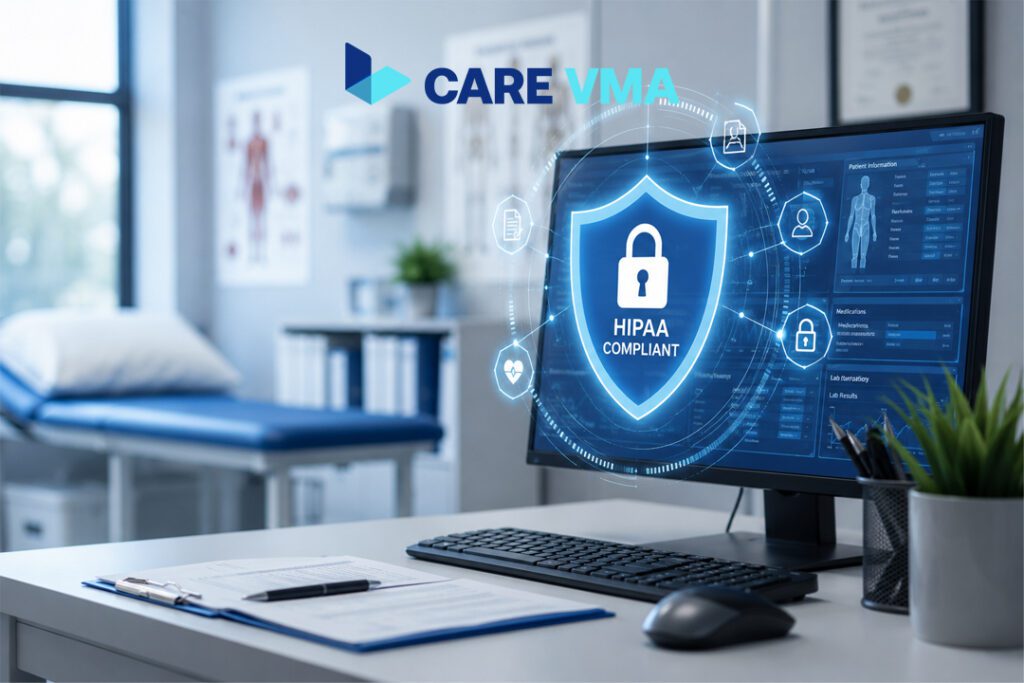 HIPAA compliance security shield overlaying a medical office computer, representing data protection for virtual medical receptionists.