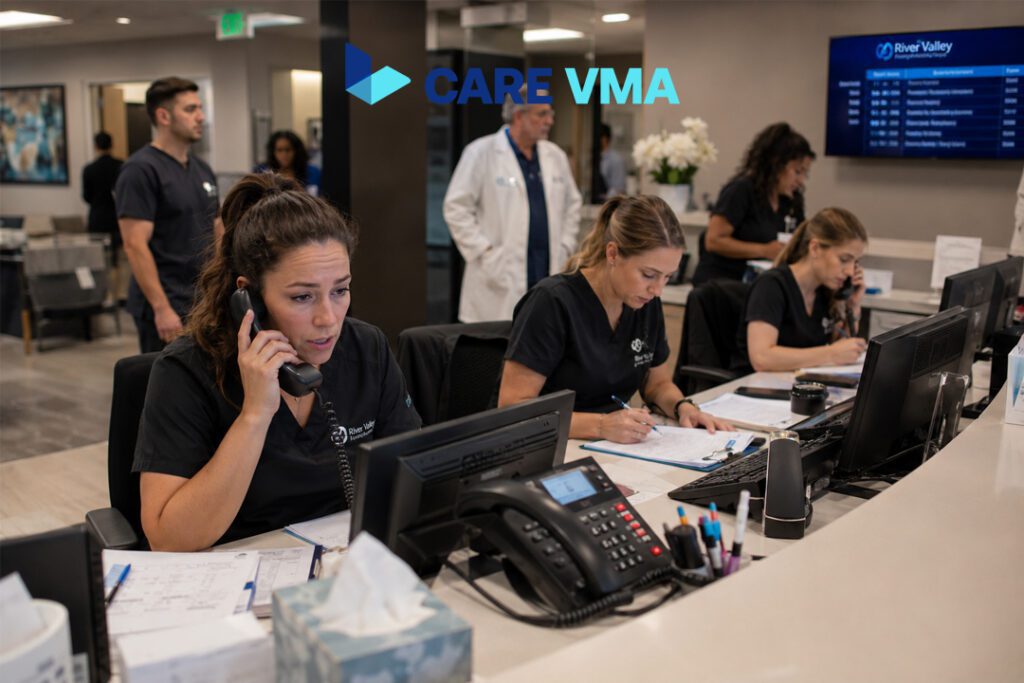 Medical front desk staff managing high call volume during Monday morning surge.