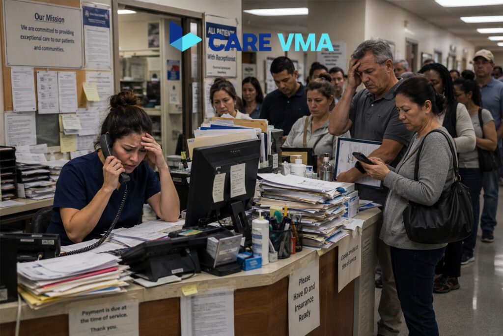 Medical receptionist experiencing front desk burnout while handling a difficult patient phone call.