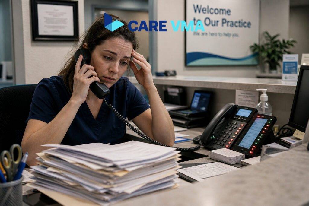 Stressed primary care office receptionist handling high call volume, illustrating the need for a better medical answering service.