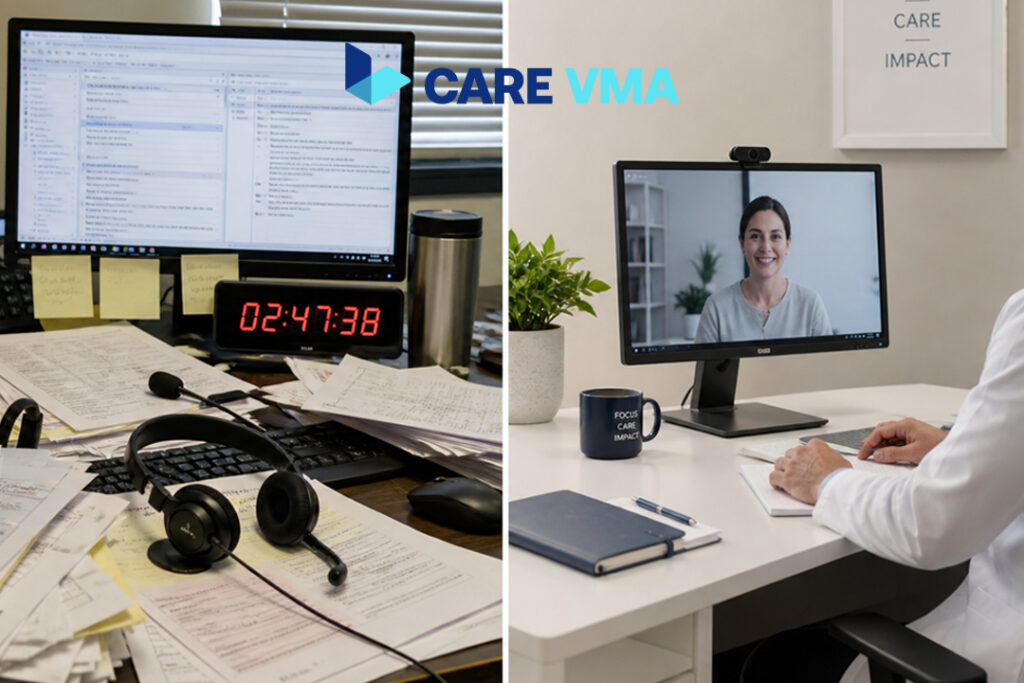 A before-and-after comparison showing a cluttered, time-consuming intake process transformed into a streamlined, efficient clinical evaluation with a Care VMA.