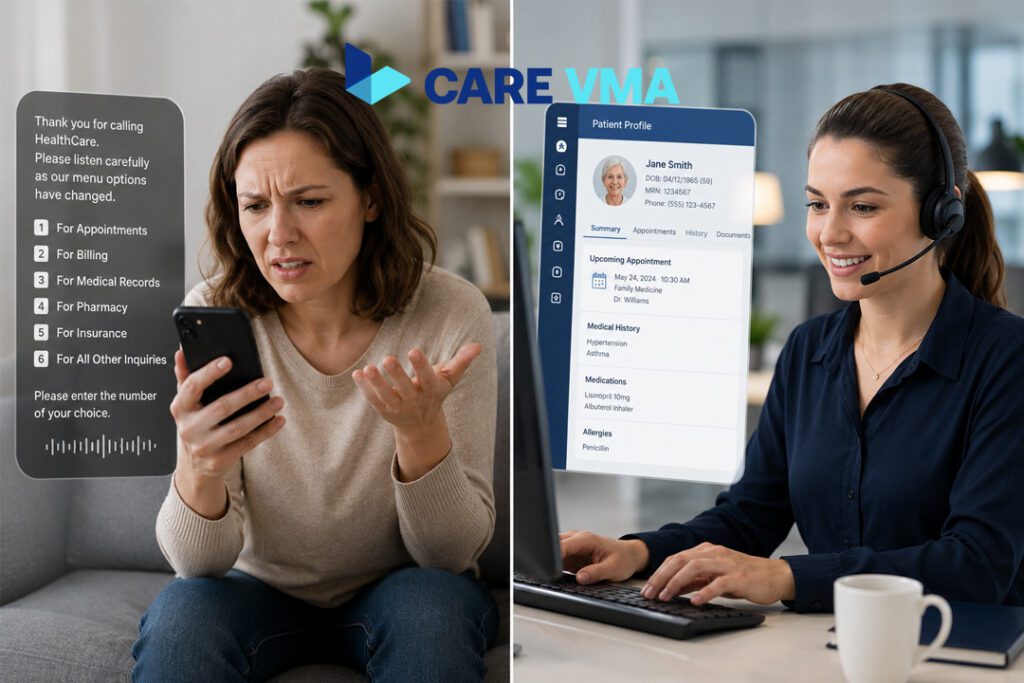 Comparison between frustrating automated IVR systems and a helpful human-led virtual medical assistant.