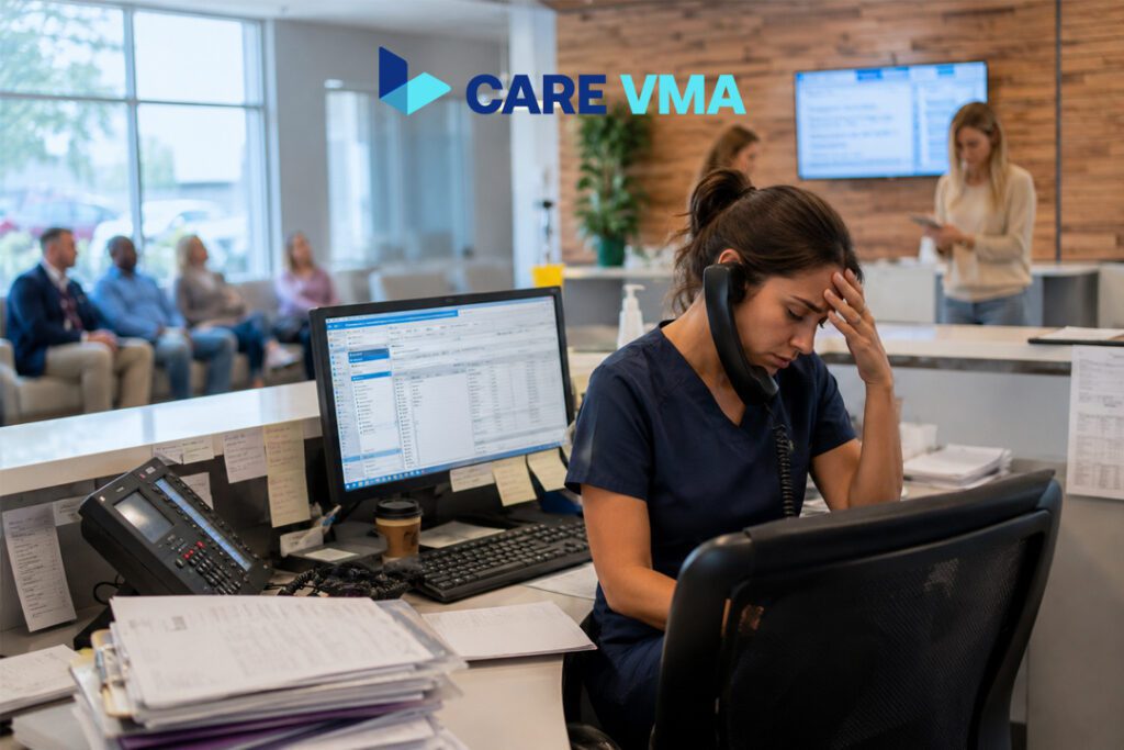 Overwhelmed medical receptionist experiencing front office burnout in a busy US healthcare clinic.