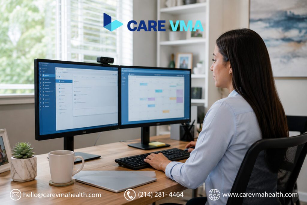 Virtual medical assistant managing rheumatology EHR documentation and scheduling workflow in secure remote setup