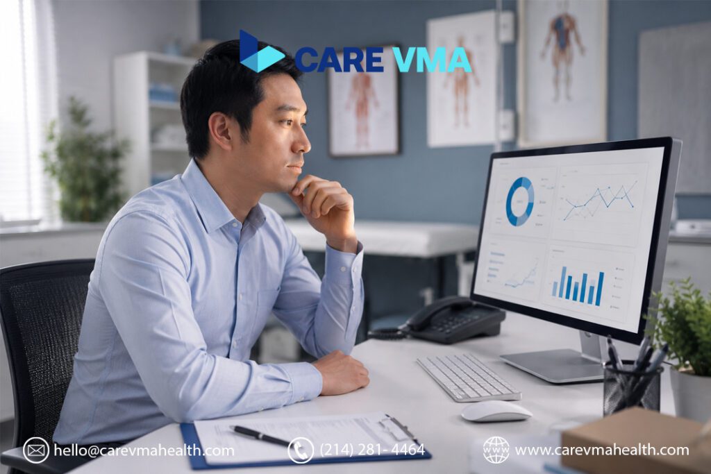 Practice manager reviewing workflow data to decide which type of virtual medical assistant to hire