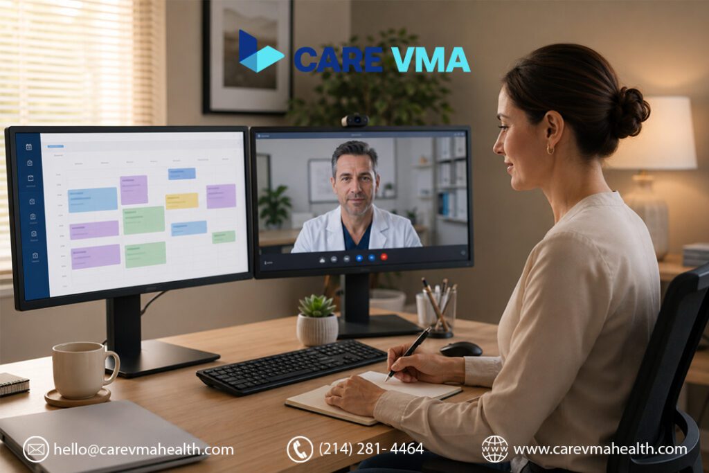 HIPAA-compliant virtual medical assistant working remotely on oncology scheduling and coordination workflows