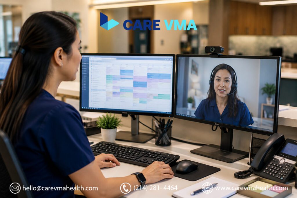Virtual medical assistant onboarding session with nephrology clinic front desk staff via secure video call