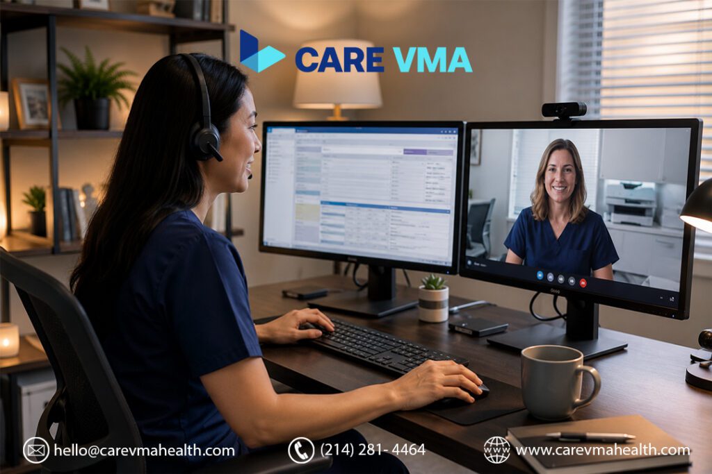 Virtual medical assistant onboarding into pulmonology practice via video call with clinical team showing EHR system integration
