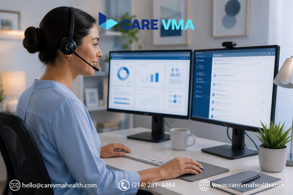 Virtual medical assistant working at a secure remote workstation with EHR access, representing a practice-ready VMA in action