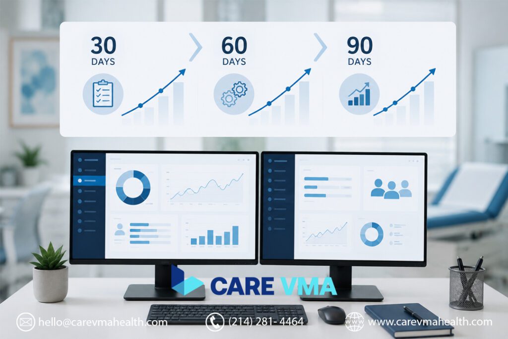 30-60-90 day VMA performance framework dashboard showing operational progress phases for medical practice