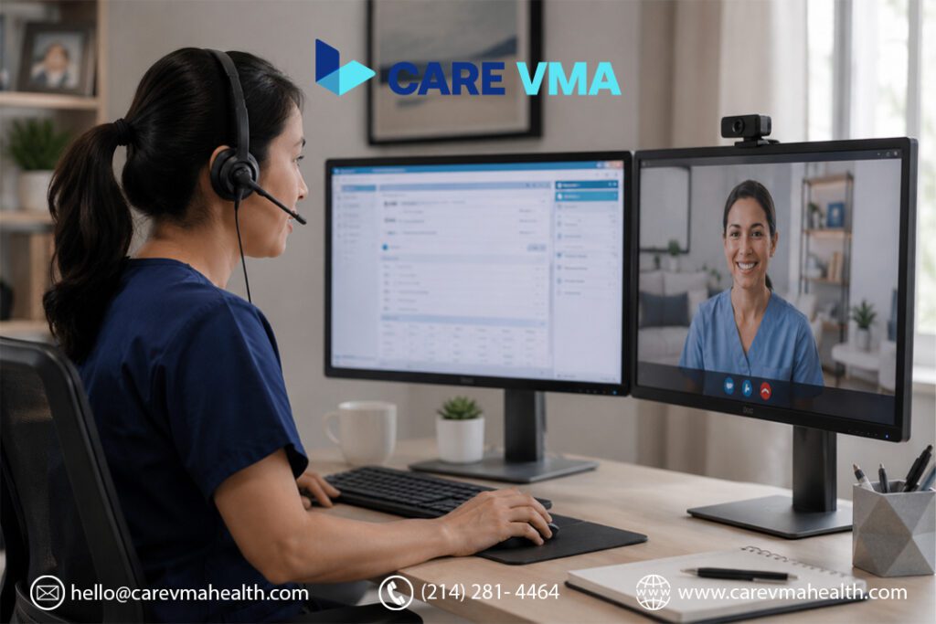 Virtual medical assistant working securely in an EHR system on a dual-screen setup