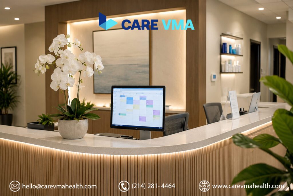 Organized dermatology practice reception supported by HIPAA-compliant virtual medical assistant workflow management