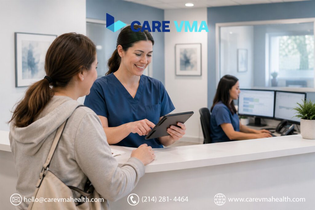 Urgent care staff focused on walk-in patients while a virtual medical assistant handles phones and registration