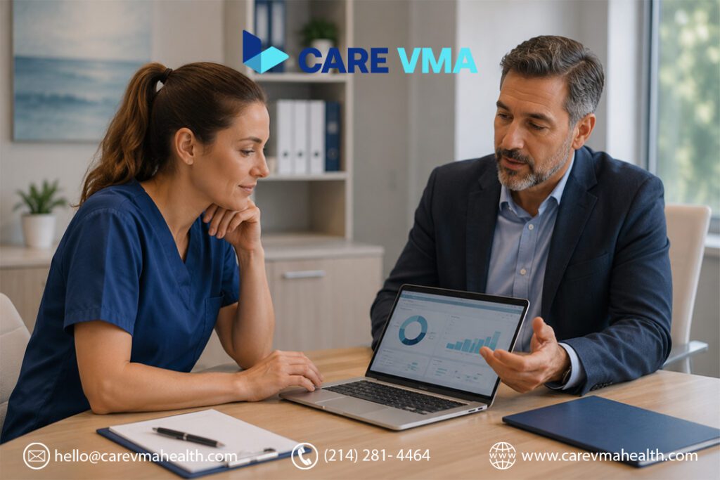 Physician and practice manager reviewing virtual medical assistant cost comparison for their practice