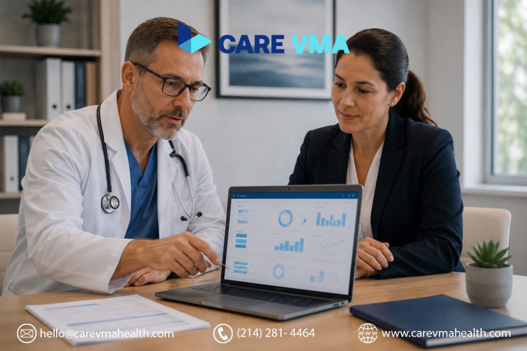 Physician and practice manager reviewing virtual medical assistant adoption outcomes in a modern clinic