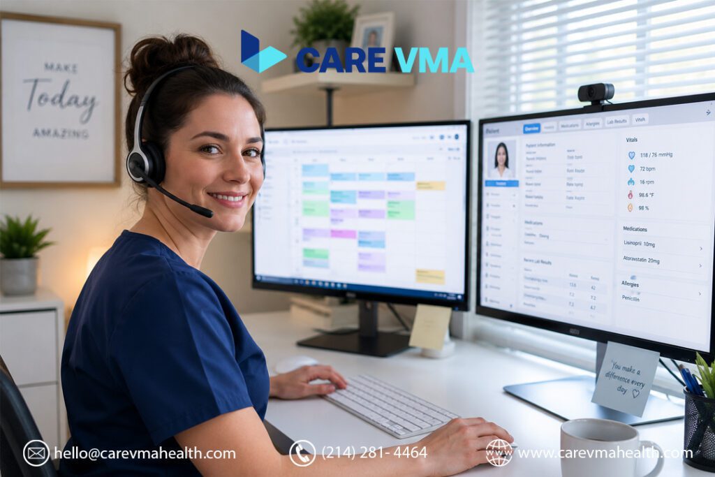 Professional Virtual Medical Receptionist managing patient calls and EHR data remotely.