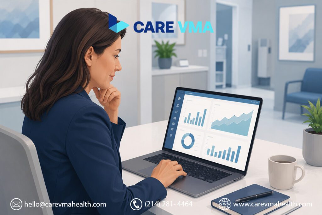 Practice manager reviewing prescription refill turnaround time metrics on a dashboard