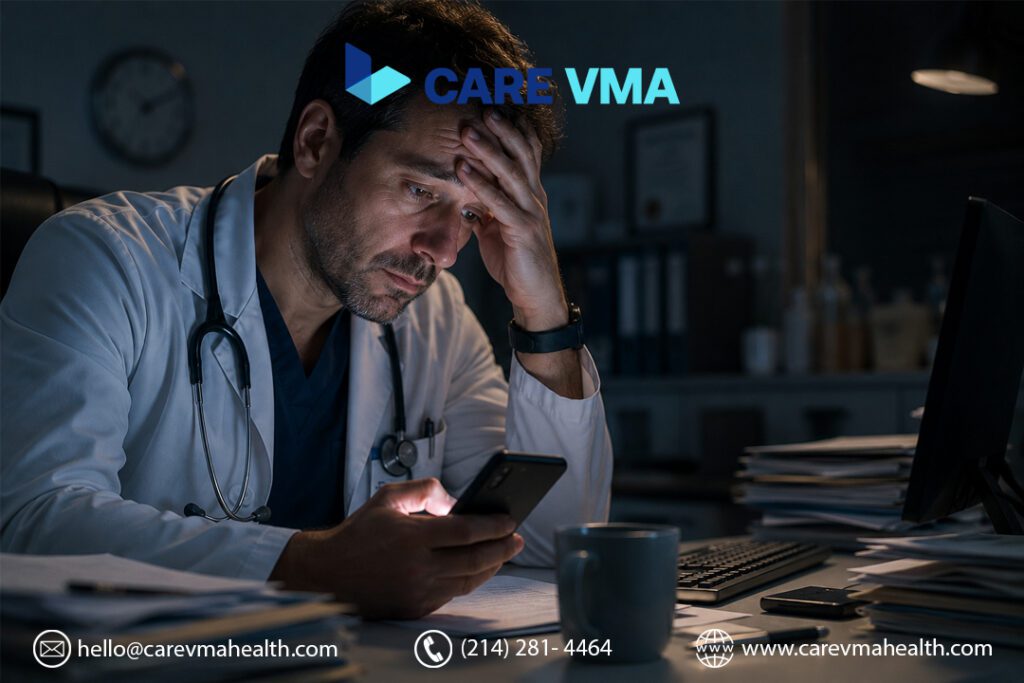 Exhausted physician dealing with non-urgent after-hours patient calls causing burnout.