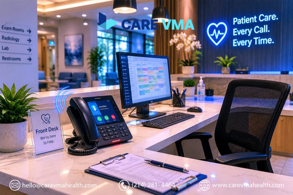 Empty medical front desk symbolizing patient leakage and missed calls in a healthcare clinic.